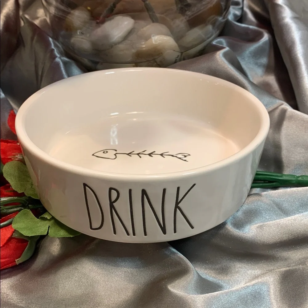 🌹RAE DUNN • White 'Drink' Ceramic Small Pet Bowl